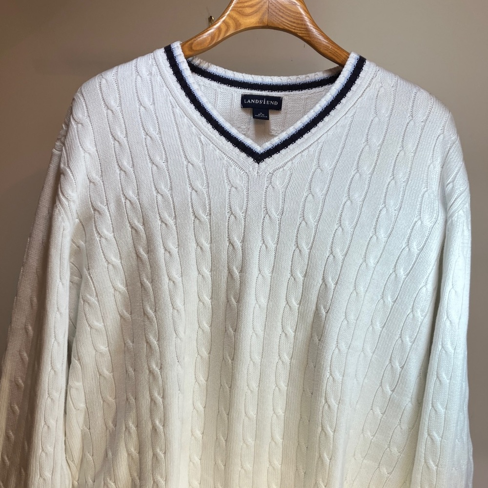 Lands' End White V-Neck Cable Cotton Knit Tennis Sweater